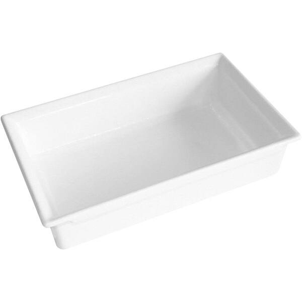 A white rectangular GET Bugambilia 1/4 size food pan with a handle.