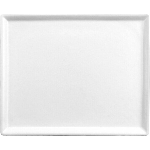 A white rectangular aluminum serving platter with a white border.