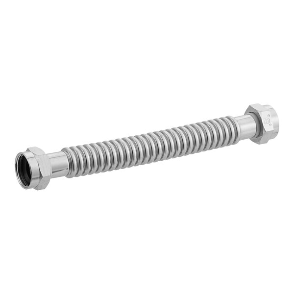 A stainless steel Easyflex water heater connector hose with a metal nut and spring.