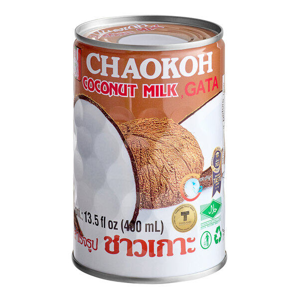 A case of 24 Chaokoh unsweetened coconut milk cans.