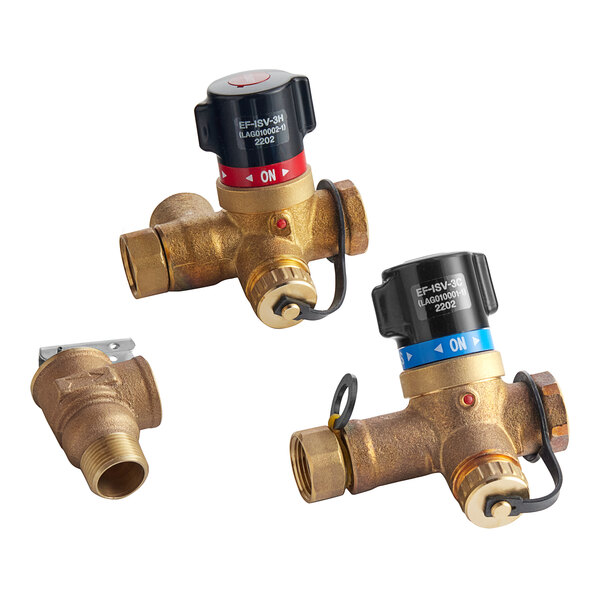 A group of brass Easyflex isolation valves with one with blue and red pressure relief valve handles.