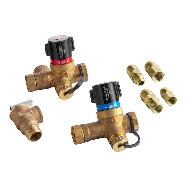 An Easyflex brass tankless water heater isolation valve kit with brass fittings and a pressure relief valve.