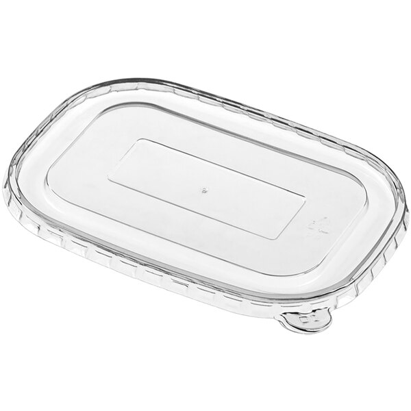 A Solia rectangular clear plastic container with a polypropylene lid on a counter.