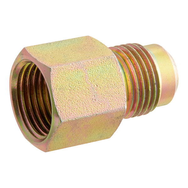 A zinc-plated steel threaded male fitting with a hexagonal shape.