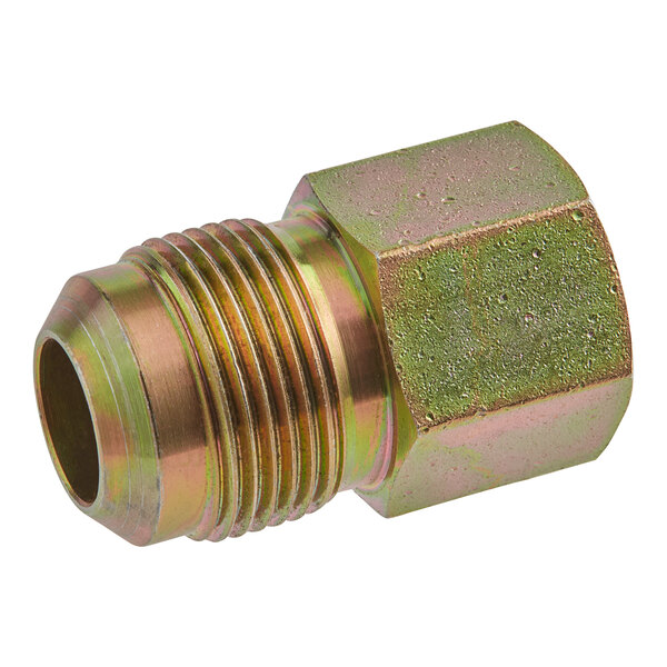 A close-up of a zinc-plated steel nut with a brass threaded male fitting.