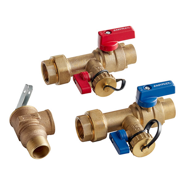 An Easyflex brass tankless water heater isolation valve kit with red and blue handles.