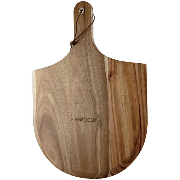 A Pinnacolo acacia wood pizza peel with a handle.