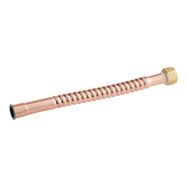 A copper water heater connector with brass and copper ends.