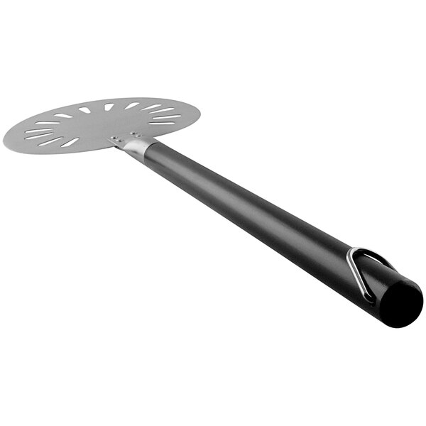 A silver perforated pizza peel with a black handle.