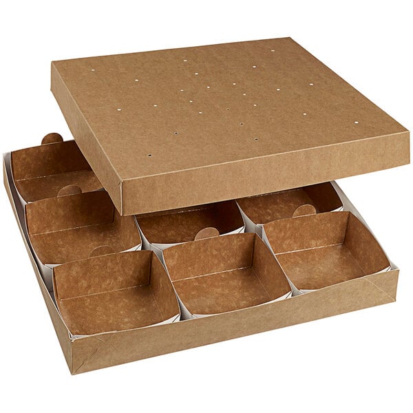 A Solia natural brown cardboard bento box with 9 punnets inside.