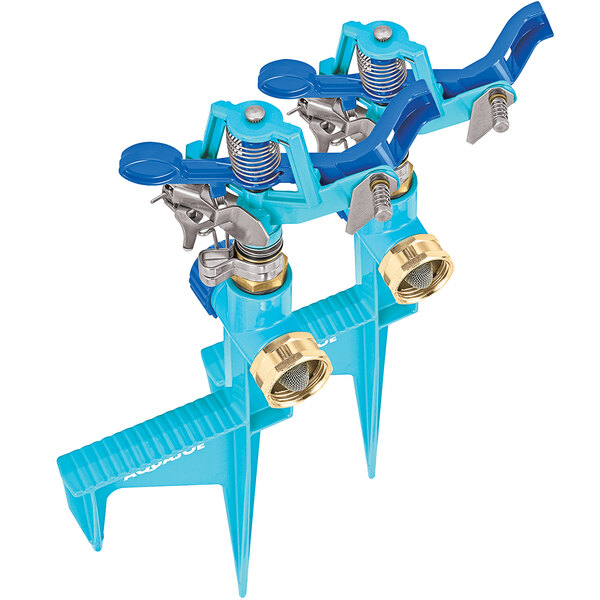 Two blue Aqua Joe water sprinklers with step spikes and multiple valves.