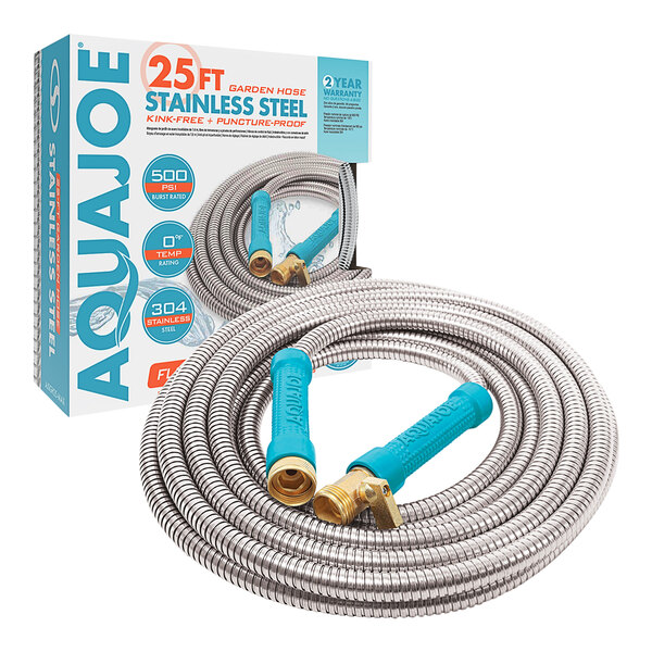 Aqua Joe 25' stainless steel garden hose with brass fittings in a blue box.