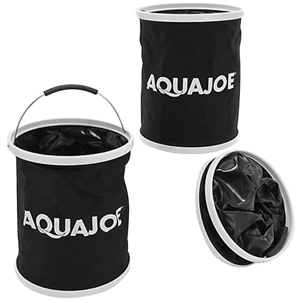A black Aqua Joe folding bucket with white text on the side.