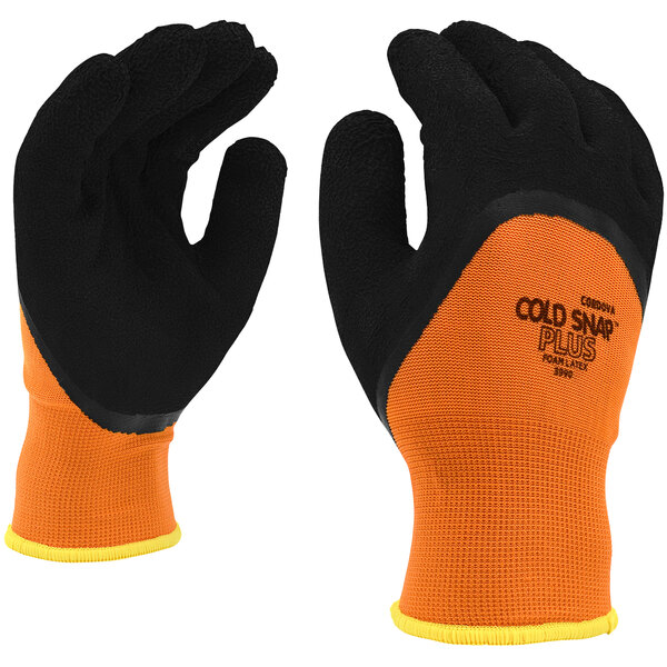 A pair of extra large Cordova Hi-Vis orange and black thermal gloves.