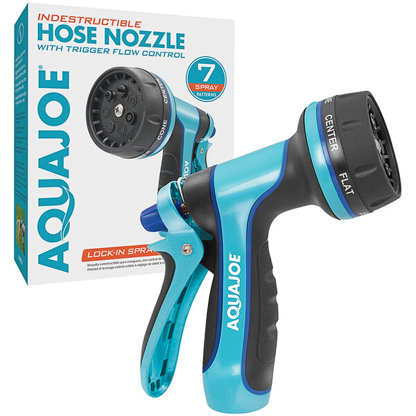 A close-up of a blue and black Aqua Joe heavy-duty metal hose nozzle with a trigger.