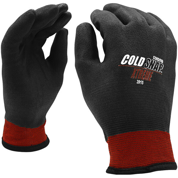 A pair of black Cordova Cold Snap Xtreme gloves with red trim.