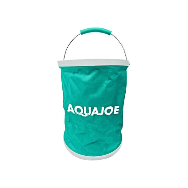 A turquoise Aqua Joe portable folding bucket with a handle.