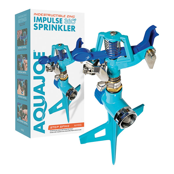 An Aqua Joe zinc 360 degree sprinkler with step stake.