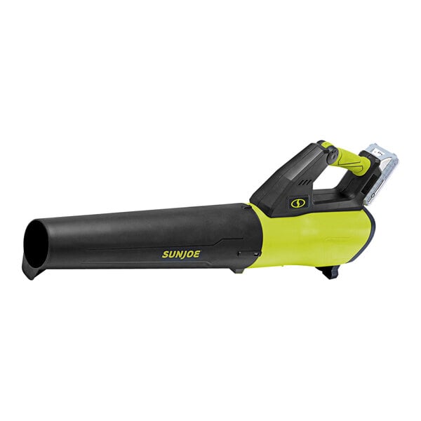 A black and yellow Sun Joe cordless blower with a green and yellow handle.