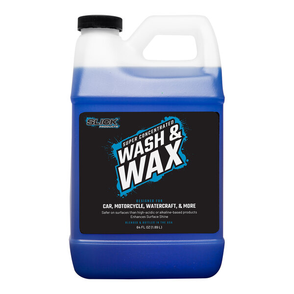 A blue jug of Slick Products Wash and Wax Foam Shampoo Cleaner Solution with a white label.