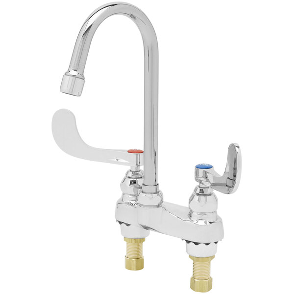 A chrome T&S medical faucet with two wrist action handles.