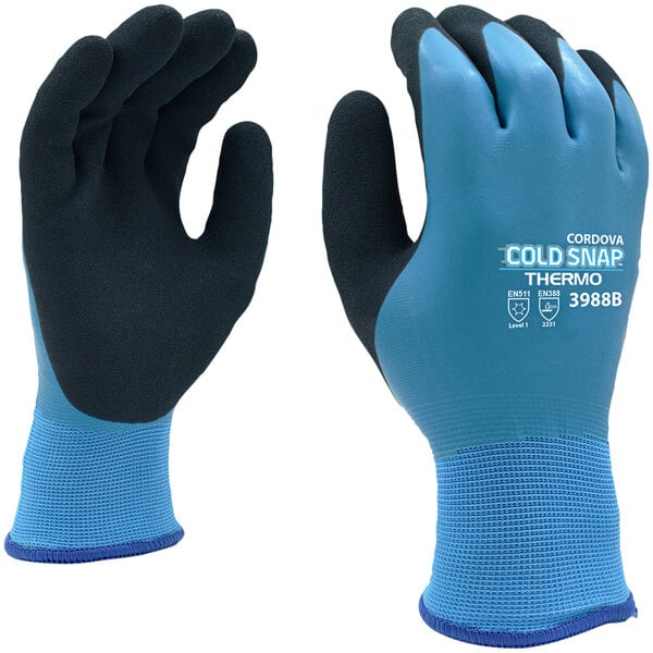 A pair of large blue and black Cordova Cold Snap thermal gloves with black sandy latex palm coating.