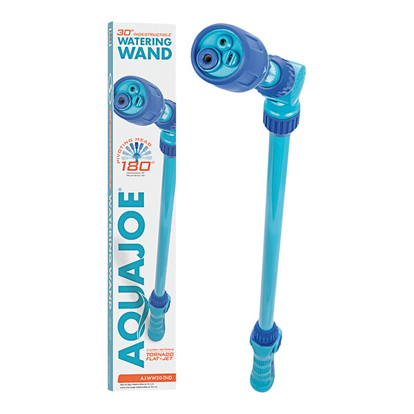 A white Aqua Joe box with blue and red text for a 30" Telescoping Watering Wand with 3 Spray Patterns.