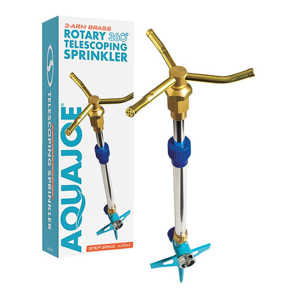 A blue, gold, and white telescopic sprinkler with blue accents.