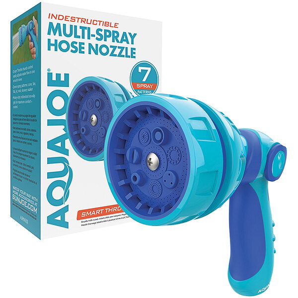 Aqua Joe Indestructible Metal Non-Slip Grip Hose Nozzle with blue and green spray patterns.