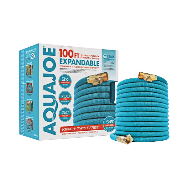 A box with Aqua Joe blue expandable garden hoses.