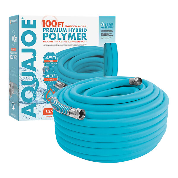 An Aqua Joe blue and white 100' hybrid polymer hose in a box.