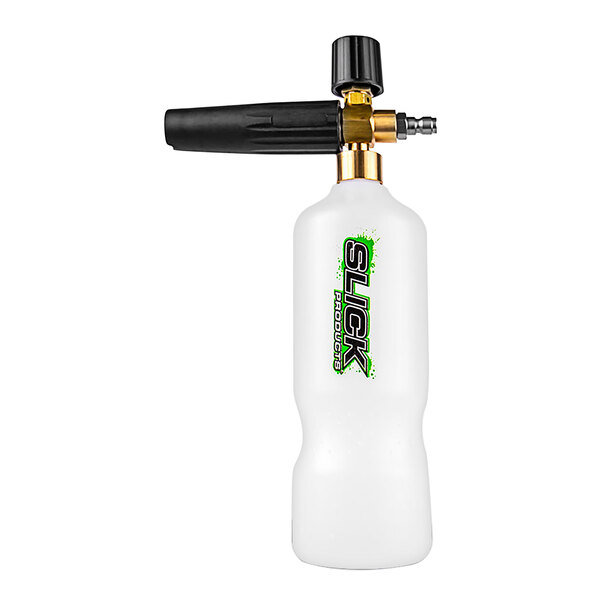 A white Slick Products pressure washer foam cannon attachment bottle with black and green text.