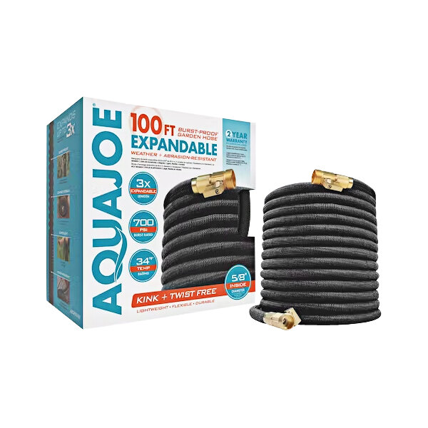 A black Aqua Joe expandable garden hose in a box.