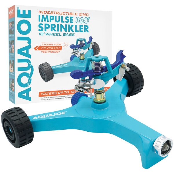 An Aqua Joe blue zinc sprinkler with black wheels.
