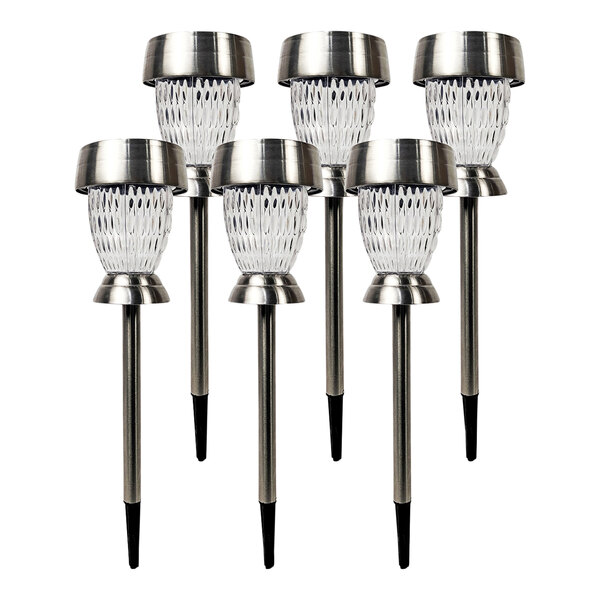 A group of Bliss Outdoors solar powered LED pathway lights with a diamond pattern design on metal poles.