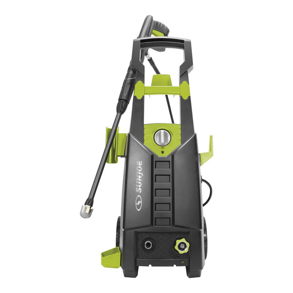 A green and black Sun Joe pressure washer with accessories.
