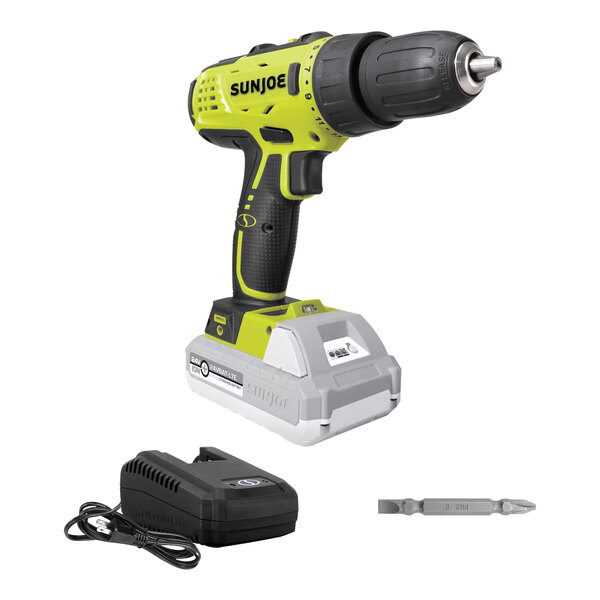 A yellow and black Sun Joe cordless drill with a battery and charger.