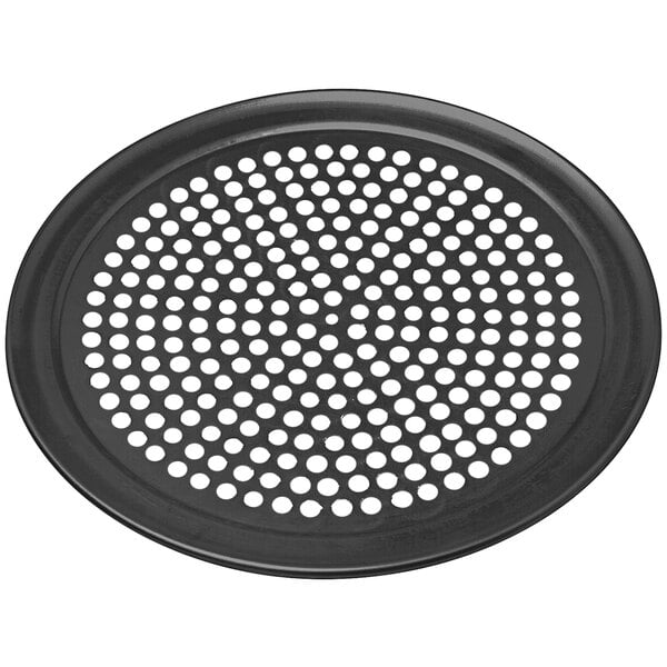 A black LloydPans 12" round pizza pan with holes.
