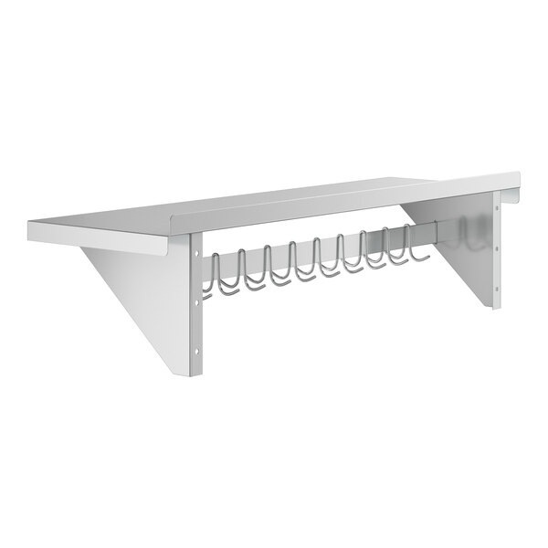 A wall-mounted stainless steel shelf with a row of 18 metal hooks hanging underneath.