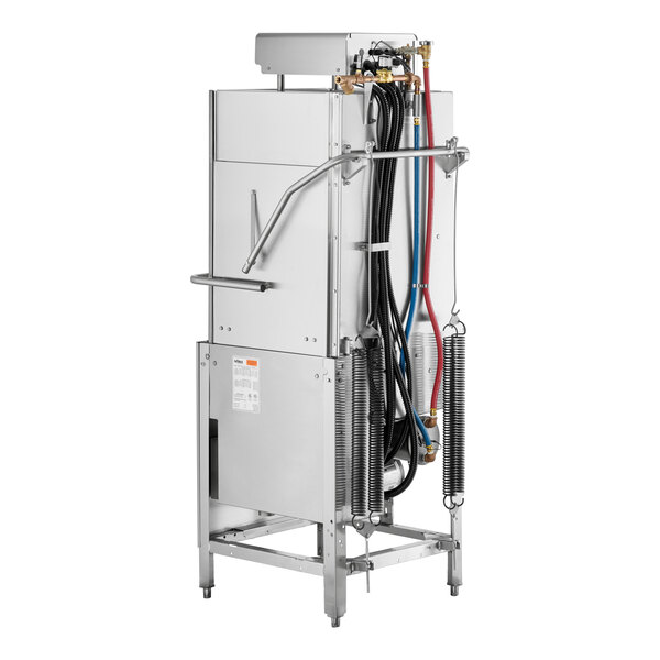 A commercial high temperature tall dish and sheet pan washer with visible hoses and metal frame.