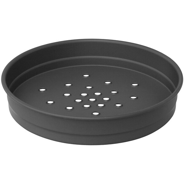 A LloydPans round aluminum pizza pan with holes.