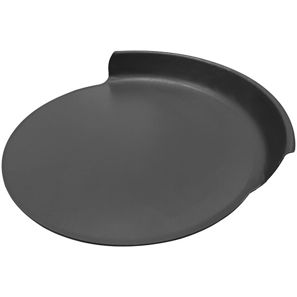 A black round pizza shovel with a curved edge.