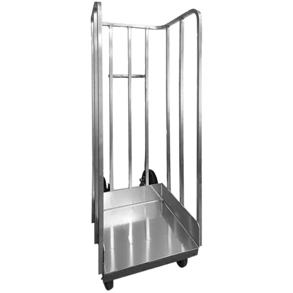 A silver metal B&P Manufacturing ice cart with metal shelves.