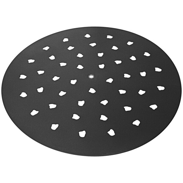A round black LloydPans pizza disk with holes in it.