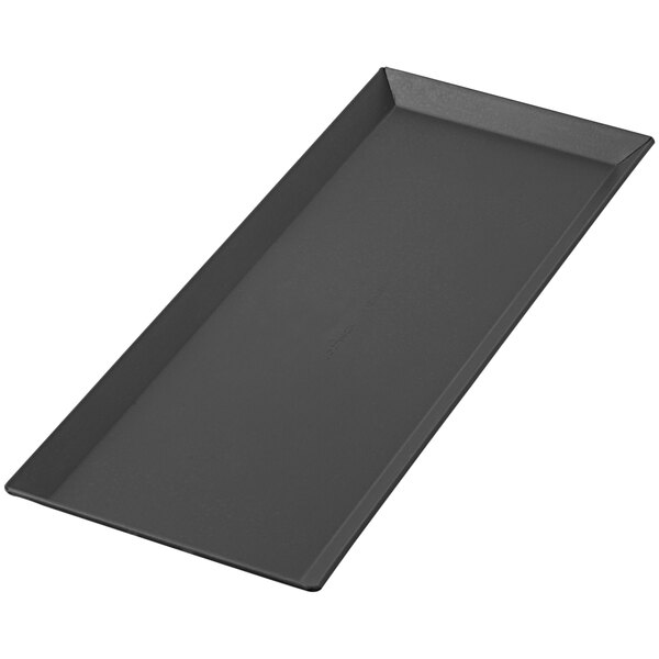 A rectangular black LloydPans flatbread pizza tray.