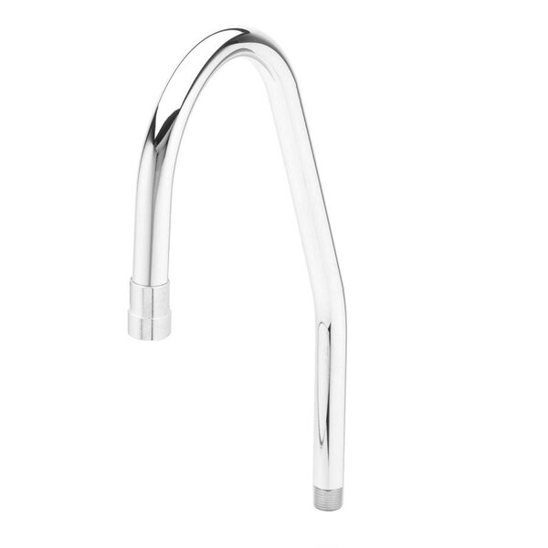 A T&amp;S chrome faucet nozzle with a long, rigid bend.