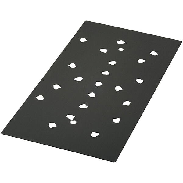 A black rectangular LloydPans pizza disk with holes in it.