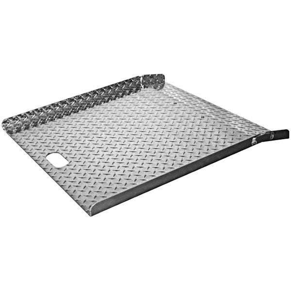 A metal B&P Manufacturing curb ramp with a diamond plate pattern and riveted handles.