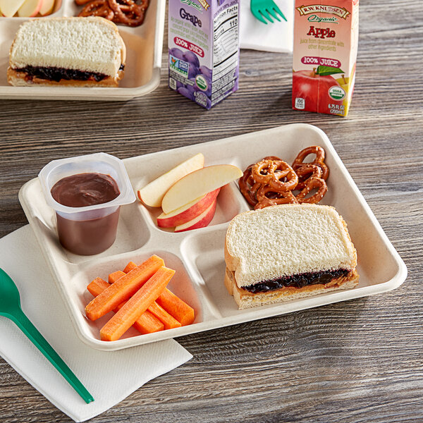A World Centric compostable fiber tray with a sandwich, apple slices, carrot sticks, pretzels, and chocolate pudding on a table.