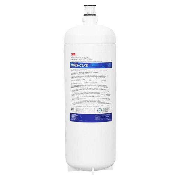 A white cylinder with a blue and white label reading "3M Water Filtration Products 5637227 High Flow Series HF65-CLXS Filter Cartridge"